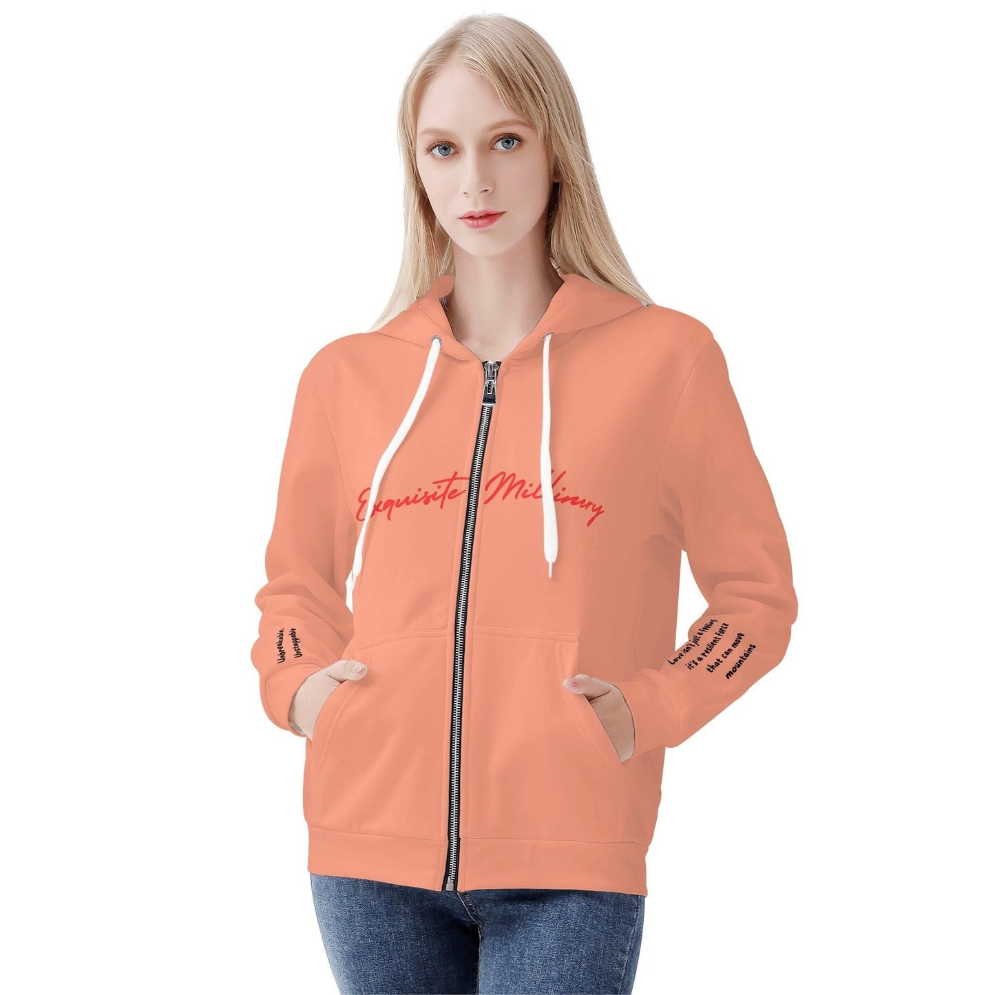 Exquisite Millinery Love Peach Zip Up Hoodie Peach - NX Vogue New York | Luxury Redefined