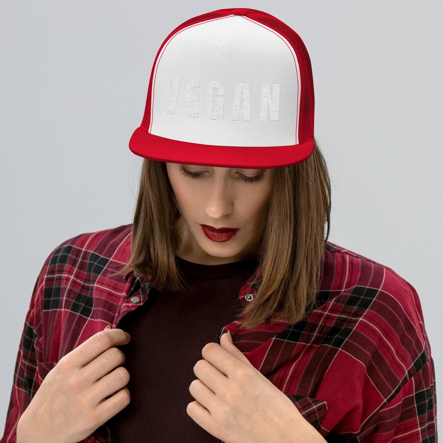 Vegan Logo 5 Panel Trucker Cap Cap Red/ White/ Red  